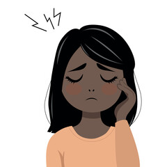 Portrait of sad african american girl with headache, closed eyes and put hand to head, isolated on white background, simple illustration, flat style, minimalism, emotional sticker