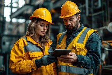 A male and female industrial workers wearing yellow safety helmets and reflective jackets reviewing information on a tablet in a factory setting