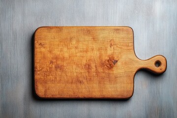 Worn wooden cutting board with handle and hole for hanging on textured gray surface