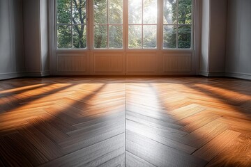 Fototapeta premium Sunlight casting warm shadows through large windows onto polished wooden parquet flooring in empty room, creating a serene and inviting atmosphere