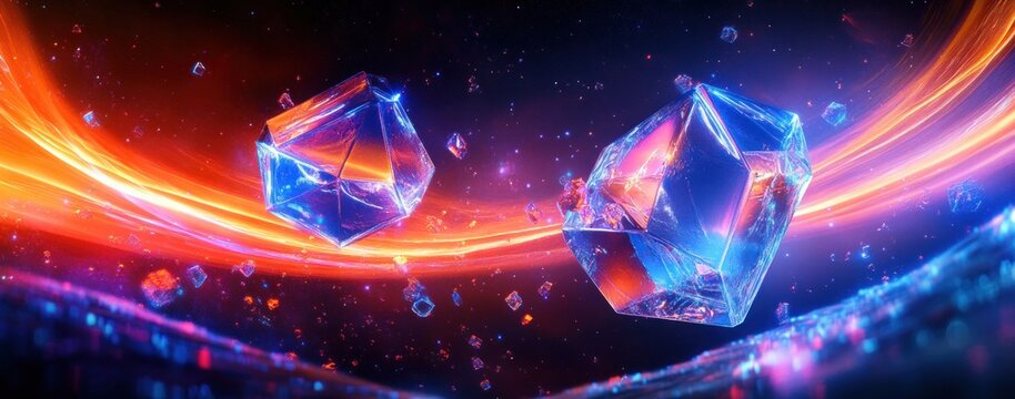 Glowing translucent geometric crystals floating in a vibrant space with swirling orange and blue light streaks - Powered by Adobe