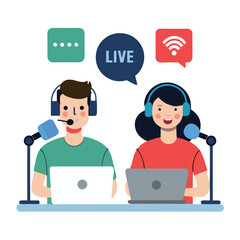 Two people with headphones and microphones using laptops isolated on white background