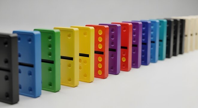 A vibrant, perfectly aligned row of colorful dominoes stands poised on a clean surface, ready to fall in a captivating chain reaction, symbolizing strategy, sequence, and engaging game play