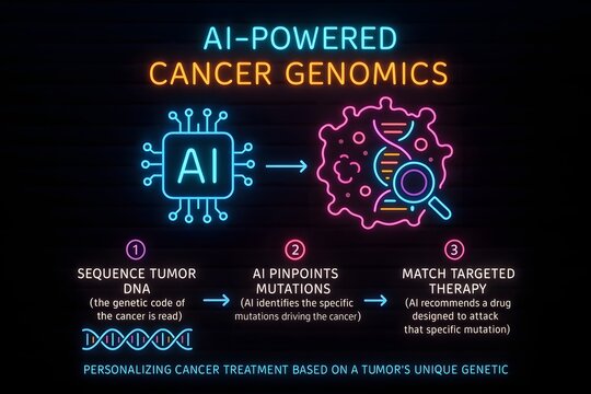 AI in Cancer Genomics Infographic with DNA Strand and Data Analysis for Medical Research