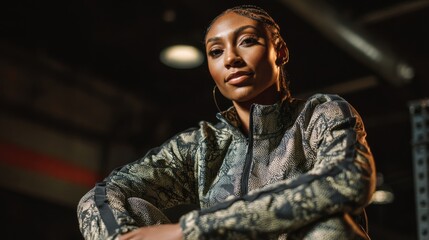 A powerful young woman in a military-style jacket sits confidently in a gym. She is a dedicated athlete, representing strength, perseverance, and discipline in training.