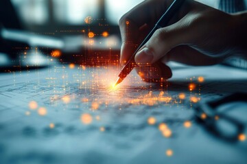 Close-up of hand drawing or writing on paper with glowing orange digital data visualization overlay representing technology and innovation
