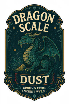 vintage apothecary potion label illustration of dragon with scales and wings sitting on dust pile ornate green and gold engraved frame antique fantasy design concept of halloween crafts