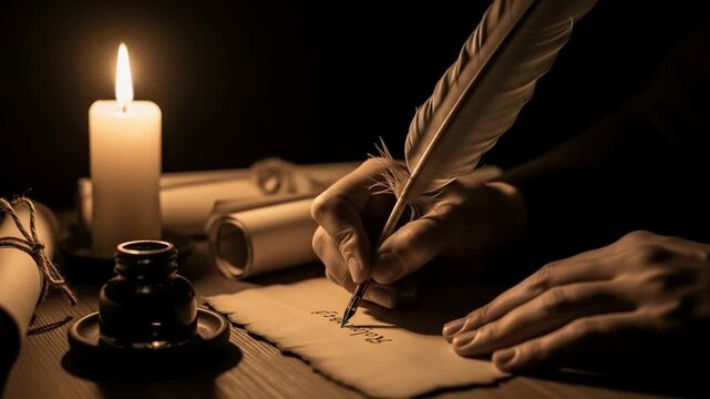 A Scribe's Hand Writes a Historic Manuscript with a Quill Pen by Flickering Candlelight