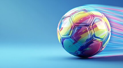 Colorful soccer ball with motion blur on a light blue background