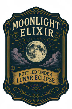 vintage apothecary potion label illustration of full moon glowing with stars and clouds ornate black and gold engraved frame antique fantasy elixir design concept of halloween crafts