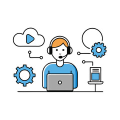 A man with headphones working on a laptop with cloud and technology icons around him