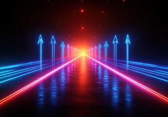 Futuristic glowing pathway illuminated by red and blue neon arrow lights against a starry dark sky with a bright horizon light