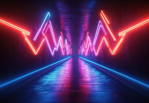 Futuristic dark corridor illuminated by vibrant neon zigzag lights in purple, red, and blue creating a glowing, reflective pathway - Powered by Adobe