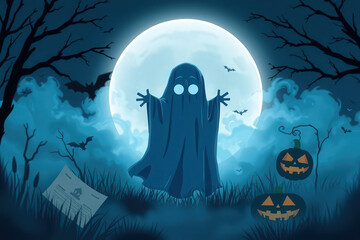 Spooky Ghostly Halloween Night Under Moonlight with Pumpkins and Bats