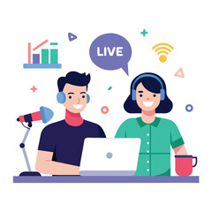 Two podcasters are recording a live show isolated on white background, with charts and coffee