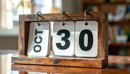 Wooden Calendar Displaying October 30th, Rustic Charm, Warm Lighting, Close-Up Shot.