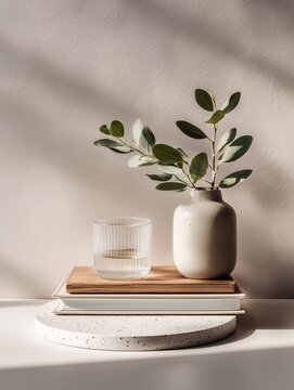 A white terrazzo round placemat on a table with books and a glass vase containing a plant in natural light.