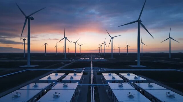 wind turbines battery storage system renewable energy sunset