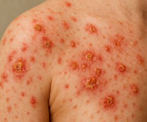 High-resolution close-up photo of human skin affected by bacterial infection impetigo. The image shows inflamed red patches, small blisters, and yellowish-brown crusts typical of this contagious skin 