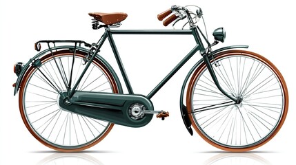 A dark-green classic bicycle with brown leather saddle, fenders, and handlebar grips; thin tires with brown sidewalls;  chain guard and integrated front 