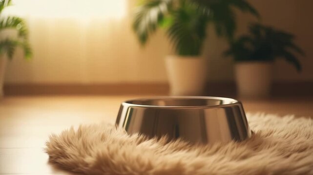 Empty stainless steel dog bowl sitting on a furry rug with houseplants in the background