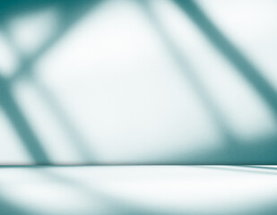 Teal background light shadow leaves abstract nature on blur wall cement podium product, studio room floor organic minimal wallpaper backdrop summer tropical platform sale interior empty scene