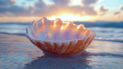 Glowing seashell resting on wet sand at the beach during a colorful sunset with calm ocean and soft clouds in the background