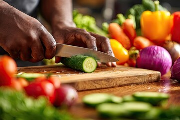 Close-up of hands chopping cucumber on a wooden board, surrounded by colorful fresh vegetables