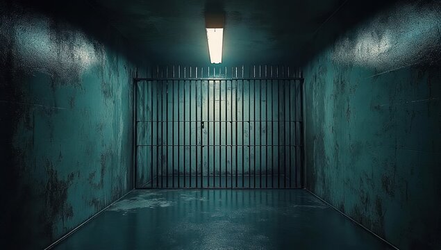 Empty dark prison cell with metal bars and overhead fluorescent light casting reflective shadows on damp, textured walls and floor
