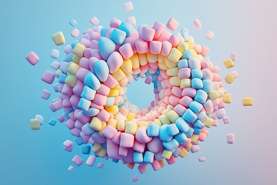 Abstract circular arrangement of colorful marshmallows on blue background with flying cubes and pastel tones, vibrant concept art for advertising, packaging, or design elements - Powered by Adobe