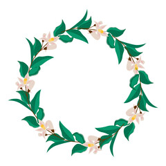 Floral orange wreath with green leaves and blossoms