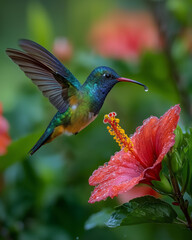 Fototapeta premium Hummingbird and Hibiscus: A vibrant hummingbird, its iridescent feathers glistening, hovers delicately near a vivid red hibiscus, poised to sip the sweet nectar, against a backdrop of lush greenery.
