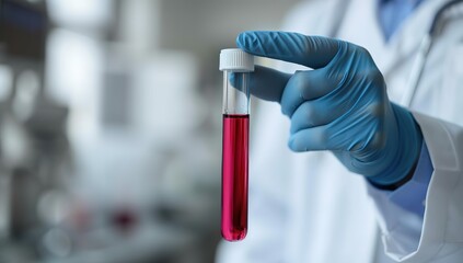 Scientist Holding Test Tube with Red Liquid: Shows lab research, ideal for science, medical, or chemistry visuals.