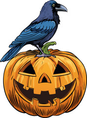 Raven Sitting on a Halloween Pumpkin Jack-o'-Lantern Cartoon Style
