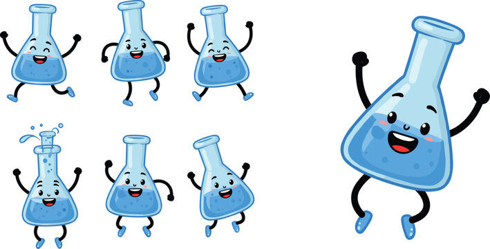 Cute cartoon laboratory flask character with happy face, smiling chemical beaker mascot, science experiment bottle illustration, funny chemistry glassware icon, vector isolated design