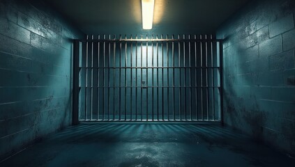Dimly lit empty prison cell with metal bars casting shadows on concrete floor and walls under a single overhead fluorescent light
