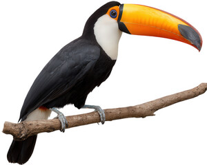 Obraz premium Colorful toucan perched on branch, featuring large vibrant orange beak, black and white plumage, and lively expression, perfect for wildlife and nature themes