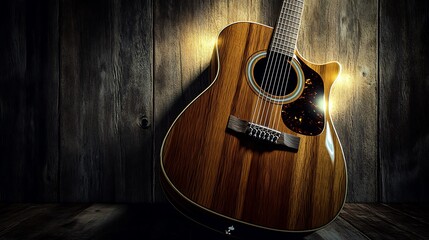 Fototapeta premium Acoustic guitar leaning against a rustic wooden wall backdrop art
