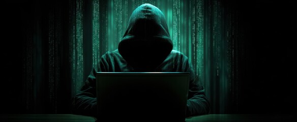 The mysterious hacker working on a laptop in a dark digital environment.