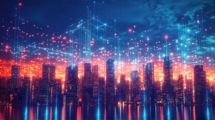 Obraz premium Futuristic city skyline at twilight with glowing digital data points and lines connecting buildings above reflective water under a vibrant sky