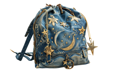 Celestial Themed Drawstring Backpack with Moon and Stars Artwork on white background