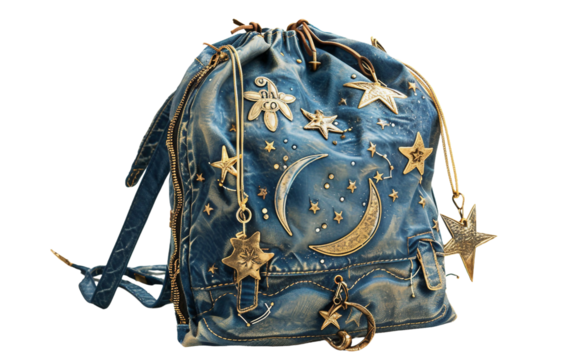 Celestial Themed Drawstring Backpack with Moon and Stars Artwork on white background - Powered by Adobe