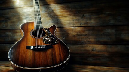 Obraz premium Acoustic guitar resting against a rustic wooden textured wall