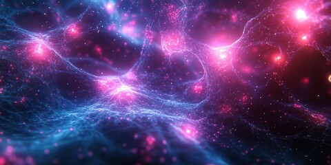 Fototapeta premium Abstract glowing neural network connections with bright pink and blue lights on dark background creating a sense of complexity and energy