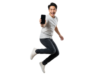 Asian man holding phone in hand jumping smiling with phone screen facing camera