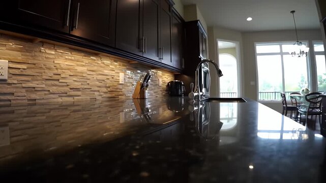 Modern Kitchen Interior Featuring Dark Brown Cabinets Brick Backsplash and Black Granite Countertops with Warm Lighting