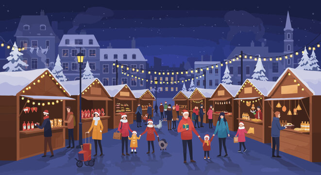 Cozy Christmas Market Scene: A festive Christmas market bustling with activity under a star-lit night sky, inviting warmth and community spirit. 