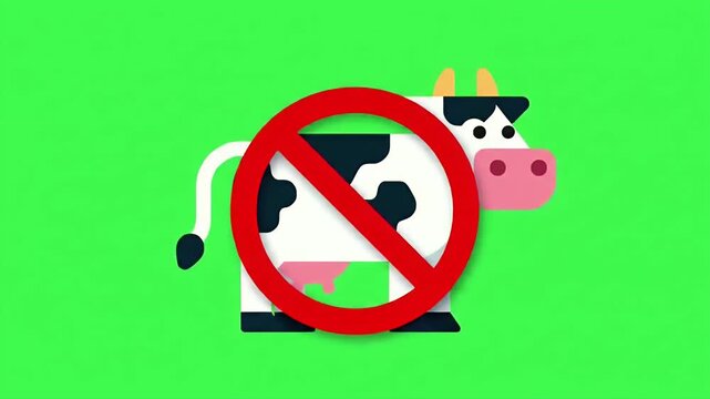 Stylized cow with a red prohibition sign on a vibrant green background, symbolizing no dairy or meat products.