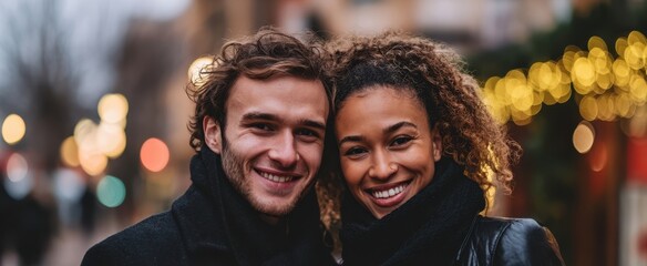 The smiling couple enjoying a joyful moment together in a holiday setting