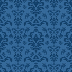 Elegant seamless damask vector pattern in deep blue tones. Perfect for fabric, wallpaper, luxury packaging, and classic interior decoration. High resolution decorative background design